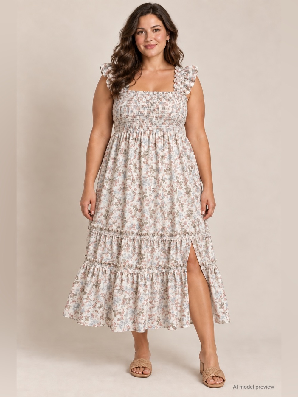 O.P.T. Floral Smocked Tiered Midi Dress XL Ruffle Cottagecore Prairie Romantic